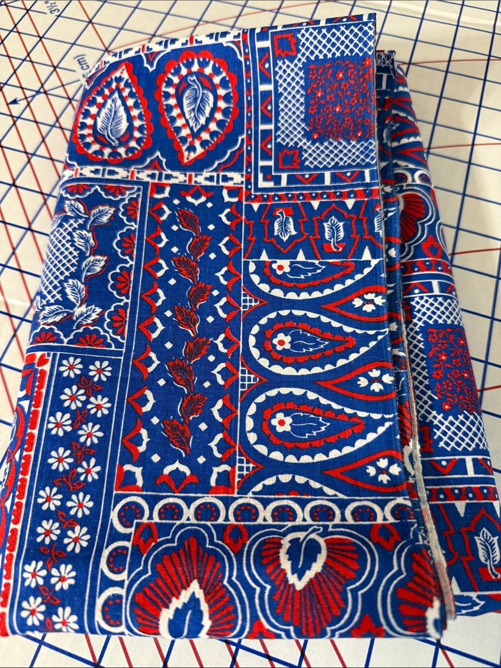 Vintage 1980s Red White Blue Patchwork Paisley Cotton Fabric 2⅓ Yards 44”